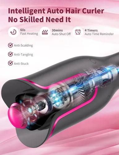 Vista 3 de Rizador automático para mujer, rizador automático giratorio de cabello largo, barril de cerámica de 1 pulgada, 4 temperaturas y 3 temporizadores