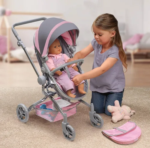 Vista 4 de Badger Basket cochecito plegable para muñecas con capazo - Juguete convertible con dosel, cesta y asa suave - Ligero, fácil de usar para niñas de 3