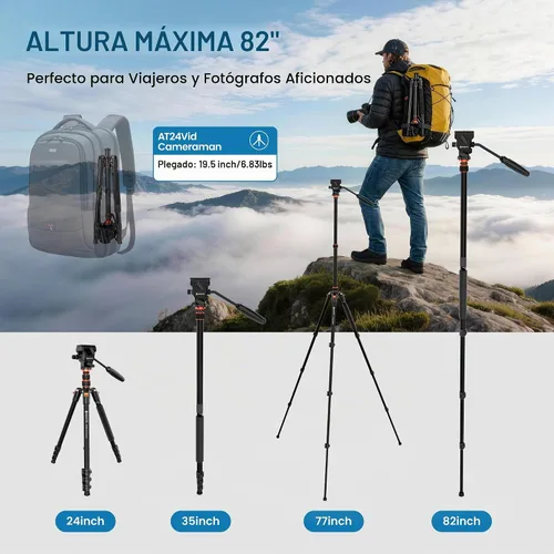 Vista 2 de GEEKOTO Trípode de video con cabezal fluido, trípode profesional para cámara réflex digital, monopie de aluminio de 77 pulgadas para videocámara