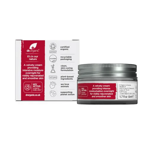 Vista 2 de Dr. Organic Rose Otto Night Cream Rejuvinizante para pieles maduras, ayuda en el envejecimiento saludable, promueve la piel joven y tonificada