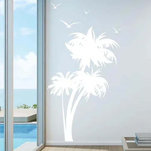 Vista 7 de Innovative Stencils 1132 84 mblack mirror Palm Coconut Tree Nursery Wall Decal with Seagull Birds, color blanco