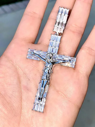 Vista 3 de Colgante de oro blanco 925 con diseño de cruz de Jesús helado, para hombre y mujer, colgante helado, pequeño, mediano, grande