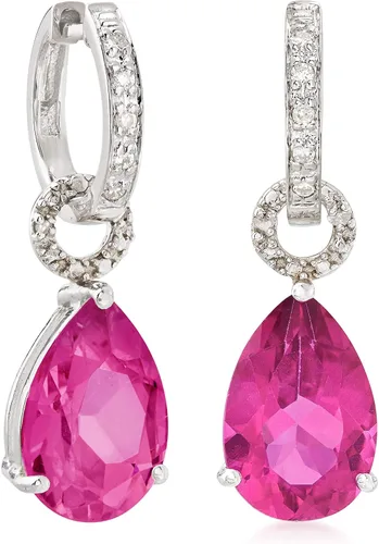 Vista 2 de Ross-Simons Pendientes de aro de topacio rosa de 6,50 quilates con detalles de diamante en plata de ley, 1.0in