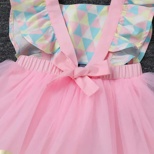 Vista 5 de ODASDO Conjunto de ropa de 2 piezas para bebé niña para primer cumpleaños con encaje y tutú de tul con diadema, conjunto de ropa de 2 piezas