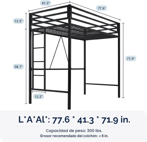 Vista 2 de Allewie Cama alta de metal tamaño individual con barandilla y escalera, diseño pequeño que ahorra espacio para dormitorio, habitación de niños