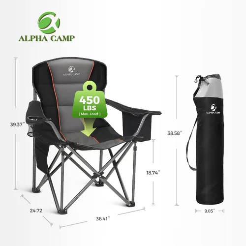 Vista 2 de ALPHA CAMP Silla de camping de gran tamaño de alta resistencia con bolsa de refrigeración (Negro)