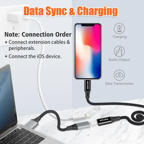 Vista 3 de AGVEE Cable de extensión Lightning de 1 pie, extensor trenzado hembra a macho, cable de función completa compatible con iPhone iPad, sincronización