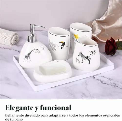 Vista 2 de Juego de accesorios de baño blancos, decoración moderna de baño de encimera, juego de accesorios de baño de lujo de 6 piezas, completo con Animal