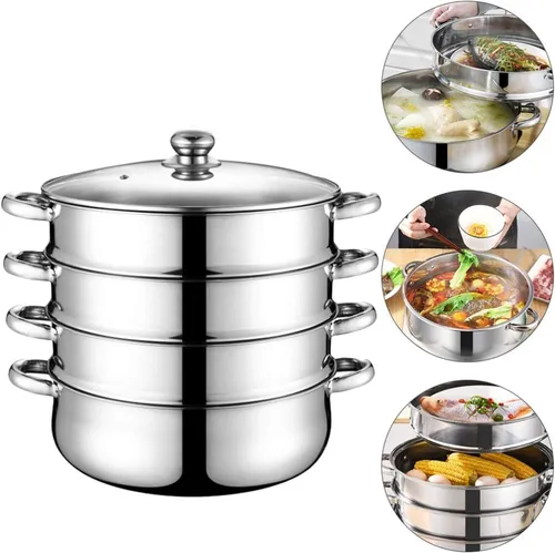 Vista 8 de Olla de acero inoxidable para albóndigas vegetales, olla de vapor multifuncional de 4 niveles para cocinar, diámetro de 11.0 in, juego de brillo