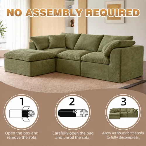 Vista 5 de Sofá modular en forma de L de 102 pulgadas para sala de estar, moderno sofá modular con otomana, cómodo sofá de espuma viscoelástica de felpilla sin