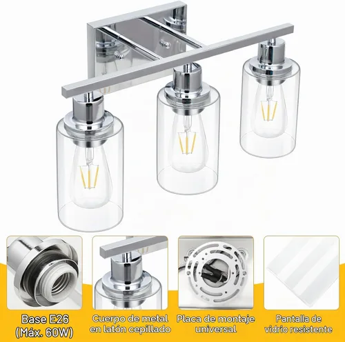 Vista 5 de Accesorios de iluminación de tocador de 3 luces, apliques de pared de baño en cromo pulido, luces de pared modernas con pantallas de vidrio