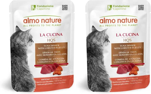 Vista 9 de almo nature HQS La Cucina Atún con langosta en gelatina, sin granos, sin aditivos, alimento húmedo para gatos adultos, triturado, bolsas, 24 x 55