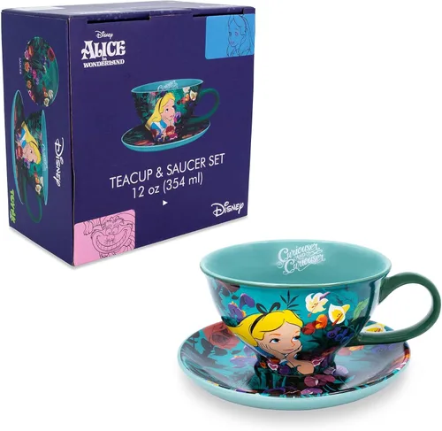 Vista 2 de Disney Alicia en el país de las maravillas - Juego de taza de té y platillo de cerámica de 12 onzas Juego de regalo de fiesta de té para café