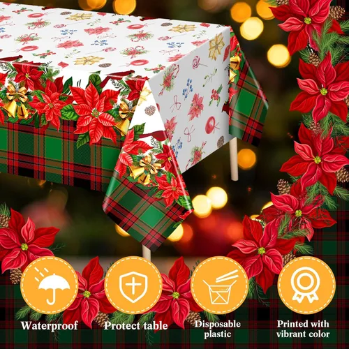 Vista 3 de Peryiter 2 piezas de mantel de plástico de Navidad alegre, 54 x 108 pulgadas, rojo de invierno, flor, loro, desechable, para decoración de fiesta