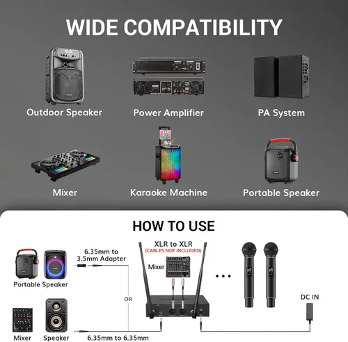 Vista 7 de TONOR Sistema de Micrófono Inalámbrico, Escaneo Automático y Emparejamiento Micrófono Inalámbrico Recargable Profesional, Set de 2x100 UHF