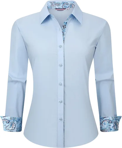 Vista 16 de WARHORSEE Blusas de vestir de manga larga con botones de algodón para mujer, blusas de trabajo elegantes de fácil cuidado, blusas casuales