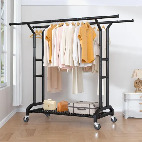 Vista 6 de Wiracks Perchero de ropa resistente doble con capacidad de 450 libras, ruedas industriales de 3", 51"-71" L X 19.7" D X 73"-79" H, perchero de ropa