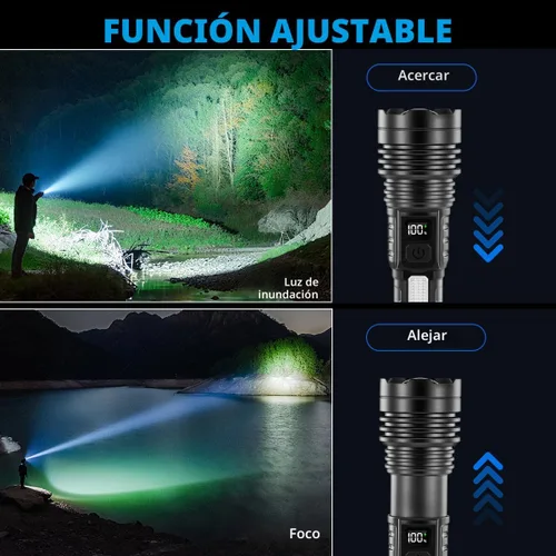 Vista 4 de Paquete de 4 linternas de alto lúmenes 9900FL, linterna de 7 modos recargable con pantalla digital LCD, linternas recargables con luz COB, linterna