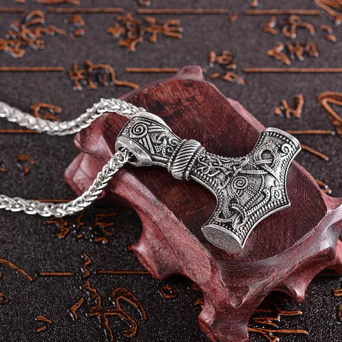Vista 3 de LANGHONG Collar de martillo vikingo, con cuerno de Dios, joyería de talismán Mjolnir