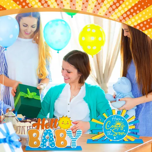 Vista 6 de 6 piezas Here Comes the Son - Decoraciones de baby shower, centro de mesa retro bohemio para decoración de mesa de madera, decoración de baby Azul