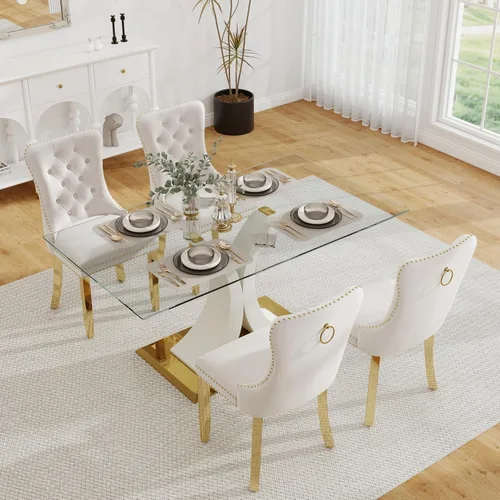 Vista 31 de Juego de comedor moderno de vidrio de lujo de 5 piezas, juego de cena rectangular minimalista grande para 4, juego de mesa de cocina de vidrio