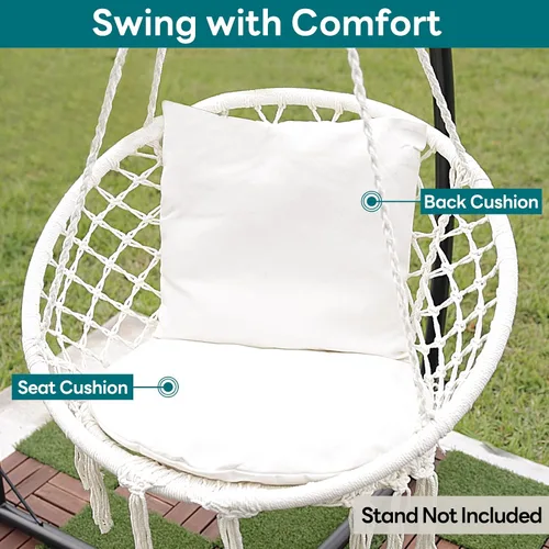Vista 2 de JoyView Silla Hamaca de Macramé Colgante Máx. 330 Libras con 2 Cojines y Kits de Herrajes para Interior Exterior Dormitorio Patio Jardín - Beige
