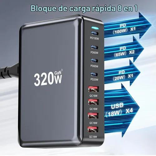 Vista 3 de 320W USB C Cargador Rápido de Bloque, Estación de Carga USB de 8 Puertos, Cargador de Pared para Laptop GaN Ⅲ Pro 100W PD PPS Puerto Estación