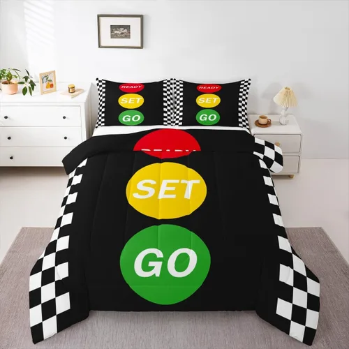 Vista 30 de Feelyou Juego de edredón azul de carreras para niños, juego de ropa de cama de coche deportivo para niños y niños, edredón deportivo geométrico a