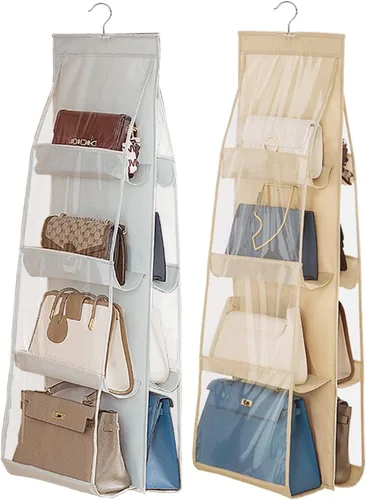 Vista 10 de AARAINBOW Paquete de 2 Organizadores Colgantes de Bolsos y Carteras para Closet, 8 Bolsillos Organizadores de Almacenamiento de Carteras que Ahorran