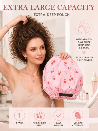 Vista 2 de Aquior Gorro de ducha para mujer, extra ajustable, doble capa, impermeable, reutilizable, gorra de pelo de tamaño grande para todo el cabello