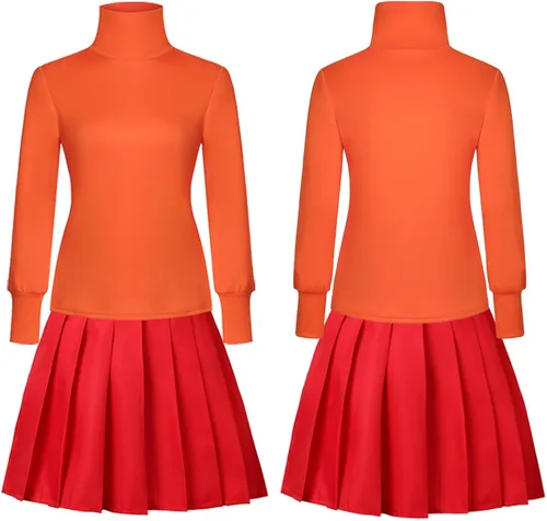 Vista 3 de RAAIBB Disfraz de Velma de Halloween para mujeres adultas, falda roja, traje de cosplay con accesorios, peluca Bob, camisa, gafas, calcetines