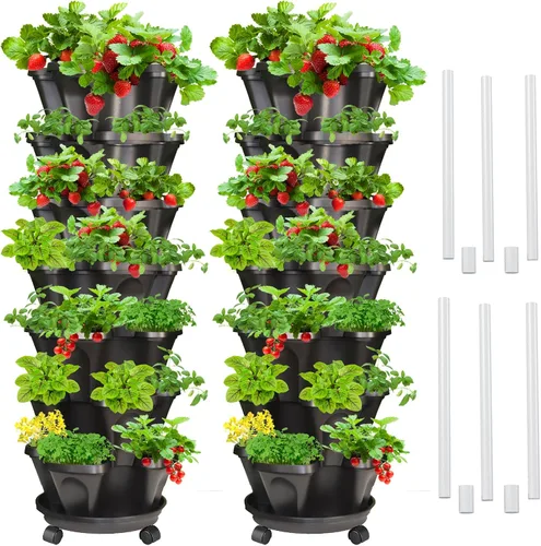 Vista 28 de Macetas verticales de fresa, paquete de 2 unidades, torre apilable de 5 niveles con poste de soporte, macetas apilables para hierbas y verduras