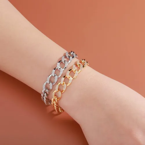 Vista 5 de JINAO Pulsera gruesa chapada en oro de 14 quilates con circonita cúbica helada y eslabones cubanos de Miami con extensores ajustables para mujeres