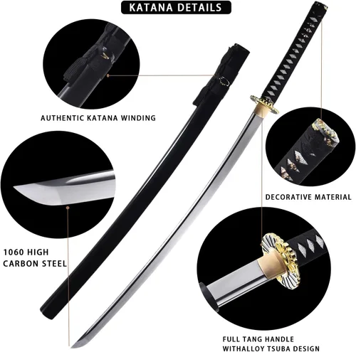 Vista 2 de Katana afilada hecha a mano, arcilla tradicional de acero templado 1060/9260/T10, espada Katana real de espiga completa, auténtica espada samurái
