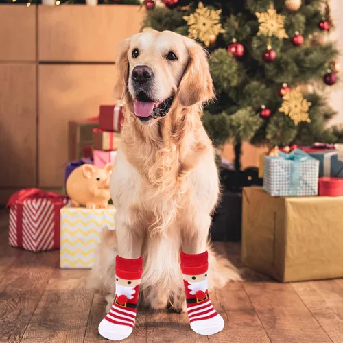 Vista 5 de Rypet 2 pares de calcetines de Navidad para perro, antideslizantes, con correas ajustables, control de tracción para interiores y suelos de madera