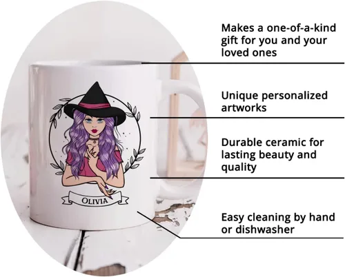Vista 3 de Gossby Taza de café de bruja personalizada, regalo personalizado de Halloween para mujeres, hermana, mejor amiga, mamá, abuela con diseño, nombre
