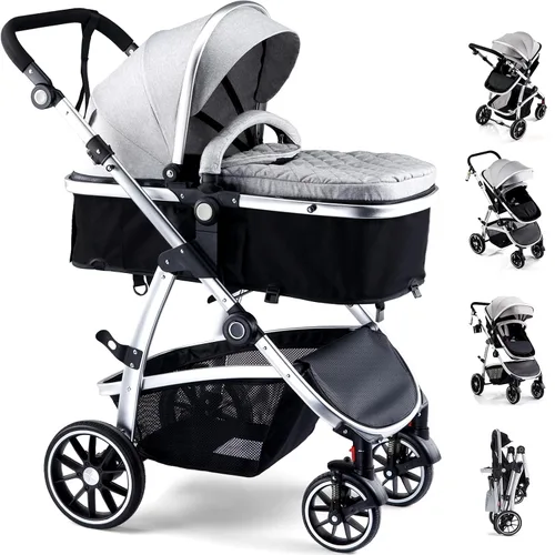 Vista 10 de Hagaday Cochecito de bebé, asiento reversible 2 en 1 para niños pequeños con modo moisés, cochecito infantil plegable con toldo, freno de un botón