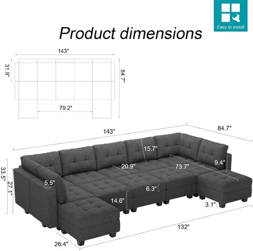 Vista 2 de Belffin Sofá cama modular modular con diván reversible en forma de U con asientos de almacenamiento de gran tamaño de 12 asientos, sofá modular gris