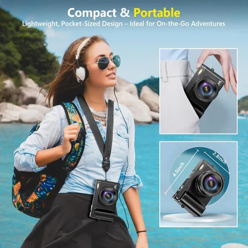 Vista 5 de Cámara digital 4K para enfoque automático de fotografía, cámara de vlogging WiFi mejorada de 64 MP para YouTube con pantalla abatible de 180° de 3