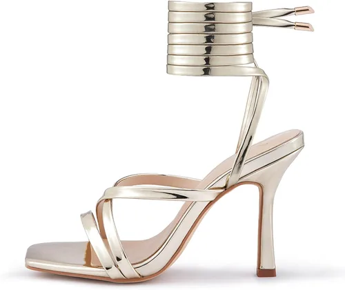Vista 4 de GENSHUO Sandalias de tacón para mujer con tiras y cordones de tacón alto, sandalias de punta cuadrada, sandalias de tacón para fiestas, bailes