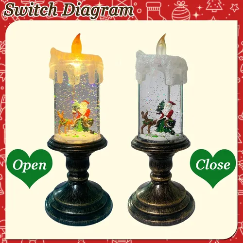 Vista 2 de Velas sin llama parpadeantes de Navidad, diseño de globo de nieve, luz de vela, agua arremolinada con purpurina, velas giratorias con temporizador