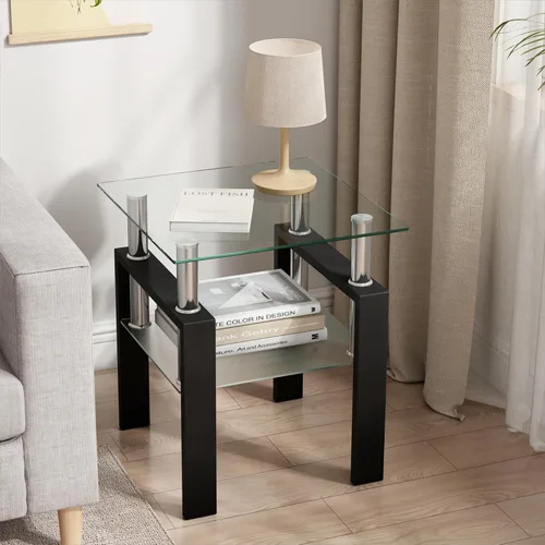 Vista 9 de Mesa auxiliar moderna de vidrio templado, mesa de centro cuadrada para sala de estar, mesa de té de cristal, mesa auxiliar de sofá (negro, 1 unidad)