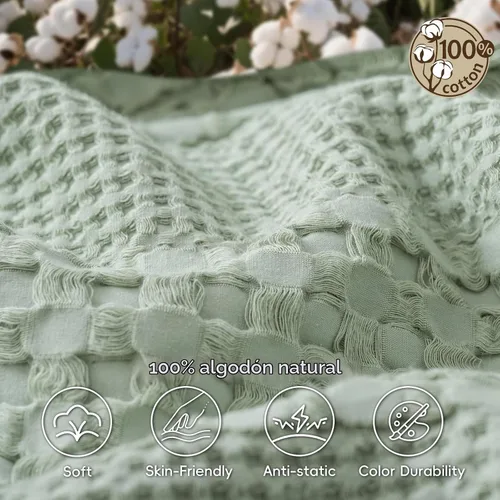 Vista 4 de PHF - Manta de punto gofre 100% algodón King, suave, ligera, transpirable, acogedora, de verano, para cama, tejida, estética, decoración del hogar