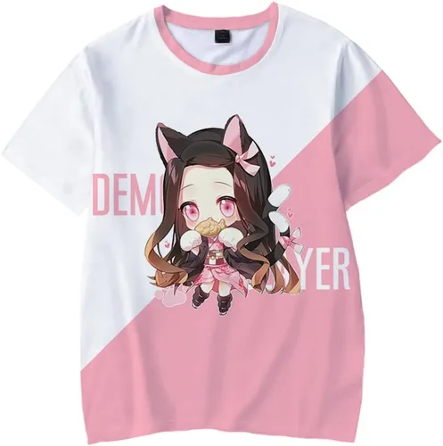 Vista 2 de Camiseta Demon para hombre y mujer, diseño de anime unisex con impresión 3D, llavero gratis (Nezuko, 6 años, edad, niño grande), Nezuko