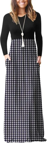 Vista 29 de GRECERELLE Vestido largo de manga larga para mujer, casual, cuello redondo, holgado, sólido floral, maxi largo con bolsillos, S-3XL A-Negro