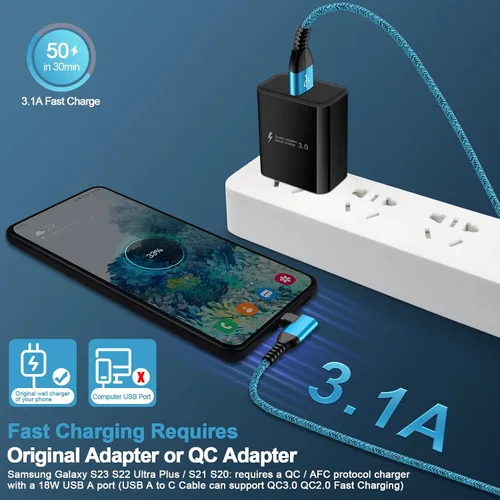 Vista 6 de Cable de alimentación USB C 3.1A Samsung C tipo cable de carga rápida en ángulo recto 90 grados, 5 unidades de 6 pies, cargador de teléfono Android