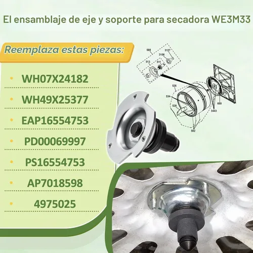 Vista 3 de WE3M33 Conjunto de eje y soporte de secadora compatible con secadores GE Kenmore Hotpoint, pieza de repuesto AP2049403 EA2355941 PS2355941 1515105