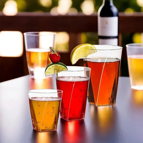 Vista 2 de Kaya Vasos de plástico con fondo cuadrado transparente (2 onzas), paquete de 20, elegantes y transparentes, perfectos para fiestas, reuniones y uso