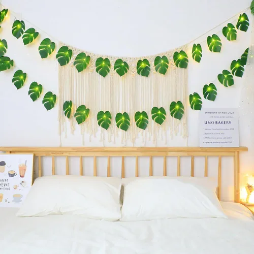 Vista 3 de WEISPARK Guirnalda de 20 luces LED de hojas de palma, hojas de Monstera artificiales tropicales para colgar en la pared, enredadera para fiesta A/1