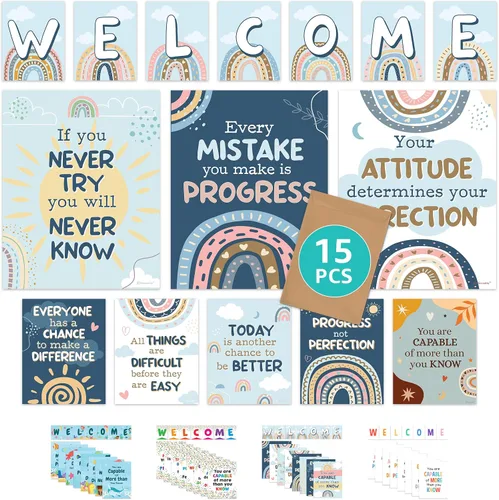 Vista 16 de Decorably 15 carteles de bienvenida con temática de abejas para aulas, escuela primaria, secundaria, inspirador, laminado mate con diseño vibrante